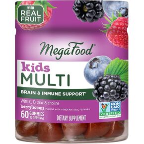 MegaFood Kids Multivitamin Gummies - Kids Vitamins - Age 4+ with Vitamin C, Vitamin D, Zinc, Choline, and Real Fruit - Brain & Immune Support - Berrylicious Flavor - 60 Gummies (30 Servings)