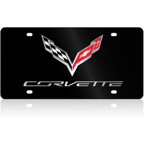 Corvette Crossed Flags with Corvette Script License Plate/Tags - Black Stainless Steel : C7 Stingray