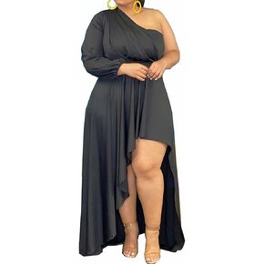 Ekaliy Women's Plus Size One Shoulder Maxi Dress Long Sleeve High Low Irregular Hem Flowy Long Party Cocktail Dress in Kuwait