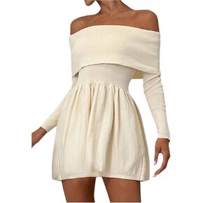 SOLY HUX Women's Off The Shoulder Sweater Dress Long Sleeve A Line Ruffle Hem Knit Mini Dresses