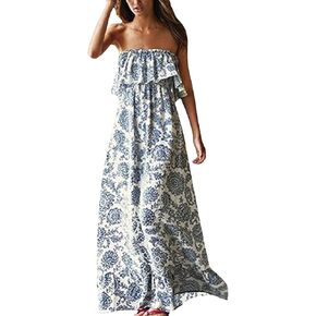 ZMPSIISA Women's Summer Off The Shoulder Maxi Dress Ruffle Strapless Blue White Porcelain Boho Casual Loose Long Dress