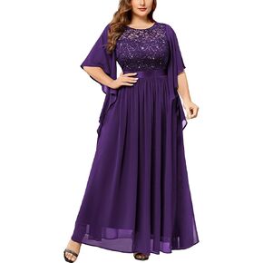 Miusol Women's Plus Size Sequin Lace with Ruffle Cape Cloak Sleeves Elegant Evening Wedding Party Maxi Dress