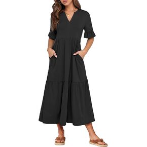 ANRABESS Women's Casual Summer Ruffle Short Sleeve T Shirts Maxi Dress 2025 Spring V Neck Flowy Tiered Boho Beach Dresses