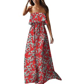 ZMPSIISA Women's Summer Off The Shoulder Maxi Dress Ruffle Strapless Blue White Porcelain Boho Casual Loose Long Dress
