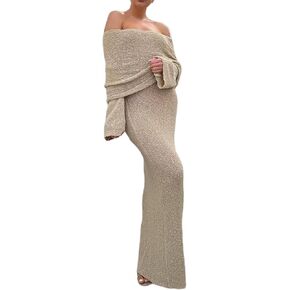 Unybwonn Sexy Off Shoulder Crochet Maxi Dress for Women Bodycon Stretchy Mesh Knit Dress Long Sleeve Party Wrap Dresses