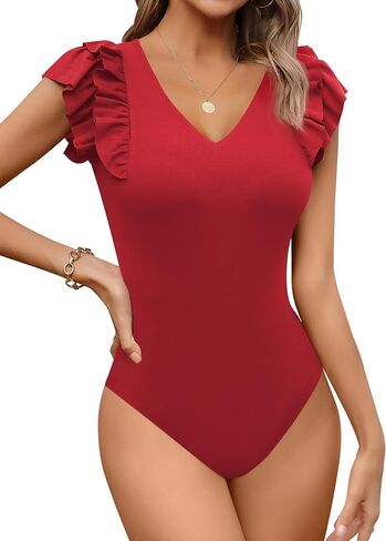 Missufe Women's V Neck Ruffle Flutter Sleeve Knit Fitted Summer Casual Bodysuit Tops in Saudi Arabia