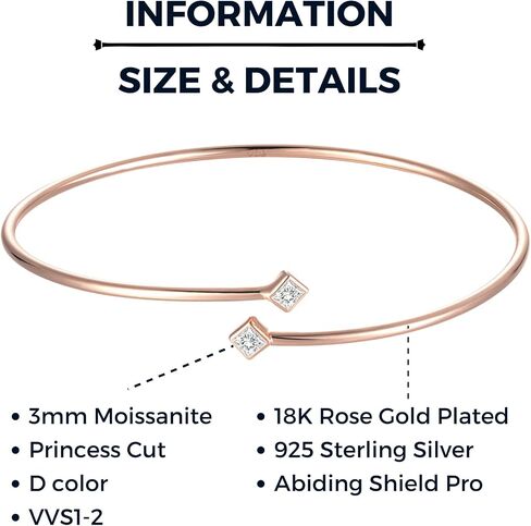 Moissanite Bangle - Gold Plated 925 Sterling Silver Bracelet for Women - 7" or Below Wrist, D Color, VVS1-2, Princess Cut - Minimalist Dainty Jewelry - Thin Gold Cuff for Women in Saudi Arabia