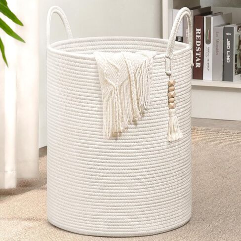 Goodpick Tall Wicker Laundry Basket with Handles, Boho Decorative Storage Basket for Living Room, Bedroom, Entryway, Bathroom, Large Woven Blanket Basket for Pillows, Towels, Shoes, Jute, 16" x 20" in Kuwait