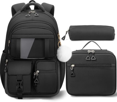 Fimibuke Backpack for Girls Boys, 3Pcs Waterproof Kids Backpack with Lunch Box & Pencil Pouch - Lightweight School Backpack Black Bookbag for Ages 6+ Elementary Middle School in Kuwait