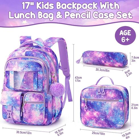 Fimibuke Backpack for Girls Boys, 3Pcs Waterproof Kids Backpack with Lunch Box & Pencil Pouch - Lightweight School Backpack Black Bookbag for Ages 6+ Elementary Middle School in Kuwait