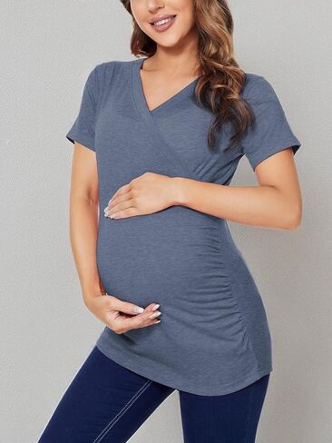 Liu & Qu Womens Maternity Nursing Tops Short Sleeve Breastfeeding Shirts Heather V Neck Clothes in Saudi Arabia