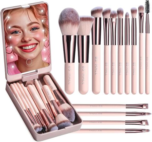 BS-MALL Travel Makeup Brush Set Foundation Powder Concealers Eye Shadows Makeup Set with LED light Mirror 14 Pcs Mini Makeup Brushes (APINK) in Kuwait
