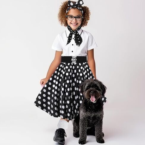 1950s القلطي تنورة طقم ملابس للأطفال الفتيات 4-12 سنة تنورة وشاح حزام جورب نظارات عقال القرط in Kuwait