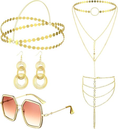 Batiyeer 5 قطع 70s ديسكو إكسسوارات ملابس النساء 70s مجوهرات زي مجموعة ديسكو أقراط النظارات الشمسية يد الرأس للنساء ذهبي (ذهبي) in Kuwait