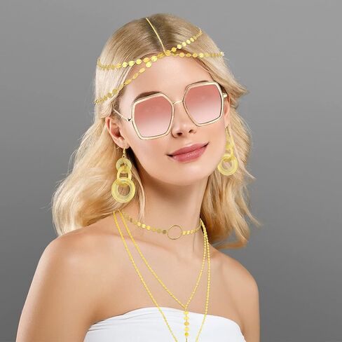 Batiyeer 5 قطع 70s ديسكو إكسسوارات ملابس النساء 70s مجوهرات زي مجموعة ديسكو أقراط النظارات الشمسية يد الرأس للنساء ذهبي (ذهبي) in Kuwait