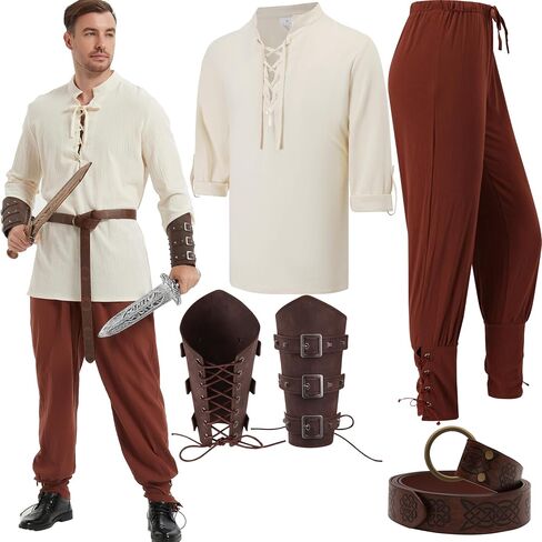 5 pcs Halloween Men's Renaissance Costume Set Viking Costume Medieval Pirate Shirt Ankle Banded Pants Belt Accessories in Kuwait