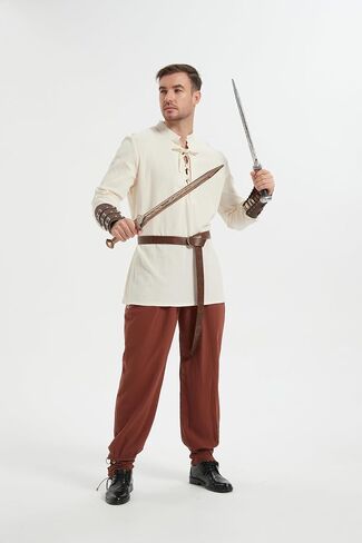 5 pcs Halloween Men's Renaissance Costume Set Viking Costume Medieval Pirate Shirt Ankle Banded Pants Belt Accessories in Kuwait