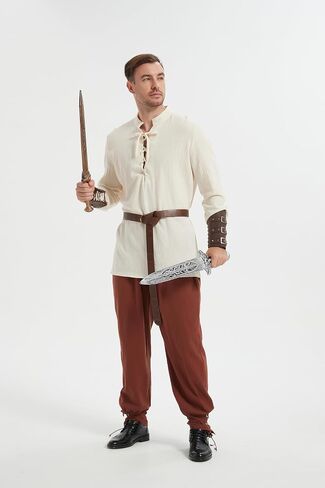 5 pcs Halloween Men's Renaissance Costume Set Viking Costume Medieval Pirate Shirt Ankle Banded Pants Belt Accessories in Kuwait