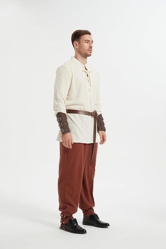 5 pcs Halloween Men's Renaissance Costume Set Viking Costume Medieval Pirate Shirt Ankle Banded Pants Belt Accessories in Kuwait
