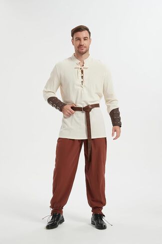 5 pcs Halloween Men's Renaissance Costume Set Viking Costume Medieval Pirate Shirt Ankle Banded Pants Belt Accessories in Kuwait