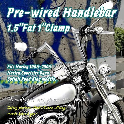MoKitDora Sportster Dyna Softail Pre-wired Handlebar 14" Rise 1.5" Fat 1" Clamp Ape Hanger Meathook Bars for 1996-2006 Harley XL Road King FLHR (Except Softail Springer), Chrome in Saudi Arabia