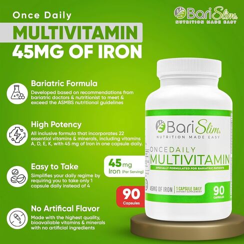 BariSlim Once Daily Bariatric Multivitamin Capsule - 45mg of Iron - Bariatric Vitamin & Supplement for Post Bariatric Surgery Including Gastric Bypass & Gastric Sleeve | 90 Day Supply in Kuwait