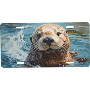 Cute Sea Otter License Plate Front Car Decorative Novelty Auto Plate Car Tag Vanity Gift Metal Aluminum Plate for Women/Man 12x6 inch Wall Decor