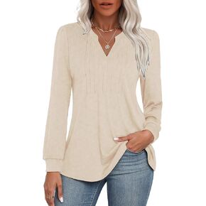 LAOLASI Women's Long Sleeve Tunic Tops 2024 V Neck Casual Shirts Fall Winter Dressy Blouses Pleated Tunic Tops for Leggings