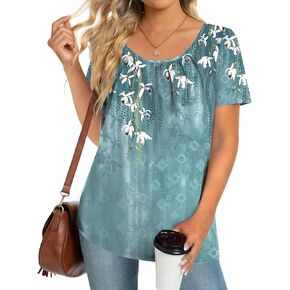 Zeagoo Women's Summer Tunic Tops Short Sleeve Floral Boho Casual T Shirts Pleated Crewneck Flowy Relax Fit Soft Blouses