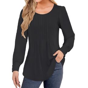 Long Sleeve Shirts for Women Tunic Tops Loose Fit Dressy, Pleated Crewneck Business Casual Blouses Fall Tops 2024