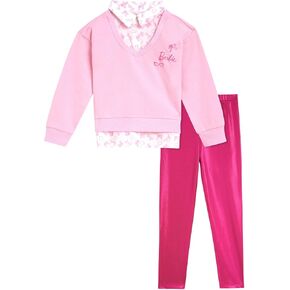 Barbie Girls 2fer Drop Shoulder Fleece Sweatshirt and Leggings Outfit Set Toddler to Big Kid Sizes (2T - 14-16)