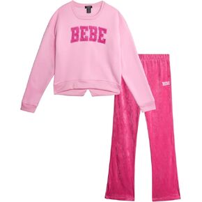 bebe Girls Activewear Set - Fleece Pullover Sweatshirt and Flare Leggings for Girls with Ribbed Velour Applique Logo (7-12)