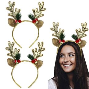 2PCS Reindeer Antlers Headband with Sequined Antler Ears Bell Animal Cosplay Costume for Halloween Christmas Party, Red
