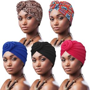 DRESHOW 5 Pack Knotted Headwraps for Women African Turban Pre-Knotted Beanie Headwraps Hair Covers