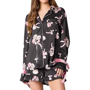 NUFIWI Christmas Cute Bow Pajama Sets for Women Tie Knot Buttons Shirt and Shorts Silk Print 2 Piece Pjs Loungewear Suits