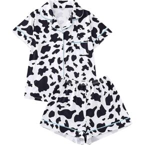 WDIRARA Women's Two Piece Animal Print Short Sleeve Button Shirt and Elastic Waist Shorts Pajama Set