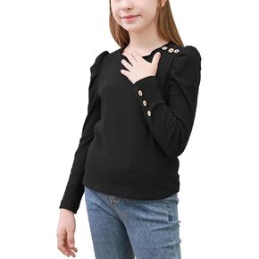 GORLYA Girls Puffy Long Sleeve Casual Button Shirts Lettuce Trim Ribbed Knit Blouse Tee Tops 8-16Y