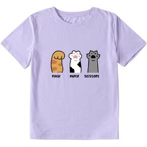 Girl's Rock Paper Scissors Cute Paw Funny Cat T-Shirt for 4-16 Years Kids