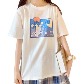 Harajuku Style Kawaii Fashion Pastel Gothic Clothes Soft Crewneck Cartoon Bunny with Balloon Print T-Shirt