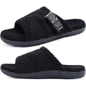 COFACE Mens Slippers 2024 Stocking Stuffers for Men Fuzzy Comfy Arch Support Orthotic Orthopedic Plantar Fasciitis Fluff Open Toe Warm Bedroom Slipper House Slides for Man Indoor Outdoor Black Size 10