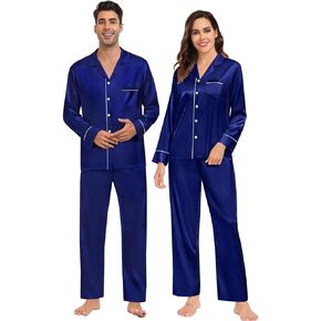 SWOMOG Matching Family Pajama Set Womens/Mens Long Sleeve Sleepwear Satin Silk Loungewear for Couple Button Down Pjs Set