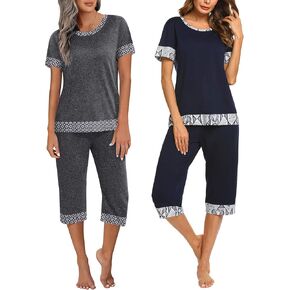 Ekouaer 2 Pack Women's Sleepwear Capri Pajama Sets Short Sleeve Two-Piece Pjs V Neck Tops & Capri Pants with Pockets S-3XL