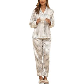 BestWendding Womens Satin Pajama Set Soft Long Sleeve Button Down Sleepwear 2 Piece Striped Lounge Sets with Pocket in Kuwait