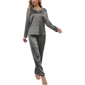 Women's Classic Button Down Long Satin Silk Pajama Set 2 piece pajama set for women silky pajama set for women in Kuwait