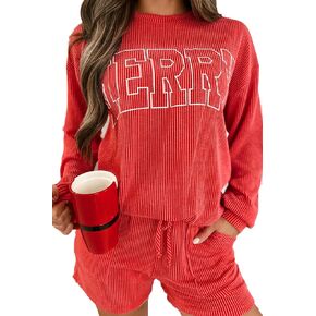 Womens Christmas Pajama Sets 2 Piece Pjs Sleepwear Soft Comfy Long Sleeve Top and Shorts Lounge Set Loungewear