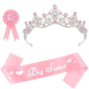 Chanaco Big Sister Gifts for Girls Tiara Sash and Badge Pin Big Sister to Be Accessory Set Pink Metal Rhinestone Crown Announcement Party 3Pcs Glitter Cute Sibling Gift