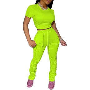 PINSV Women's 2 Piece Outfits Bodycon Lounge Wear Crop Top Stacked Pants Going Out Jogging Tracksuit Sets