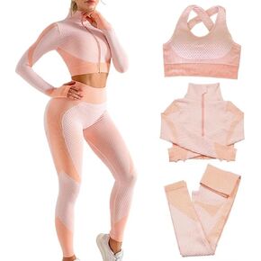 Women's 3pcs Seamless Workout Outfits Sets, Yoga Sportswear Tracksuit Leggings and Stretch Sports Bra Fitness