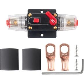 NuIth 30A Reset Fuse Holder with Manual Reset, 4-12 AWG 30 AMP Audio Inline Circuit Breaker with Wire Lugs and Heat Shrink Tube 12V-24V DC for Car Audio Sound Amplifier System RV Home Marine Truck