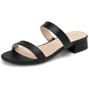 DREAM PAIRS Women's Slides Heels Slip On Low Block Sandals Two Strap Open Round Toe Chunky Casual Summer Mules Shoes